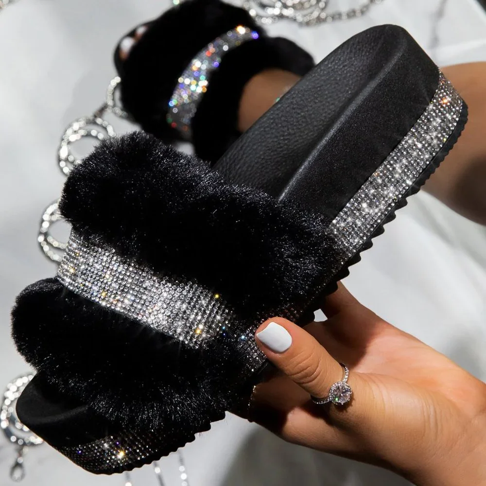 NEW Rhinestone Faux Fur Slide Sandal Flat Platform - Picture 1 of 5
